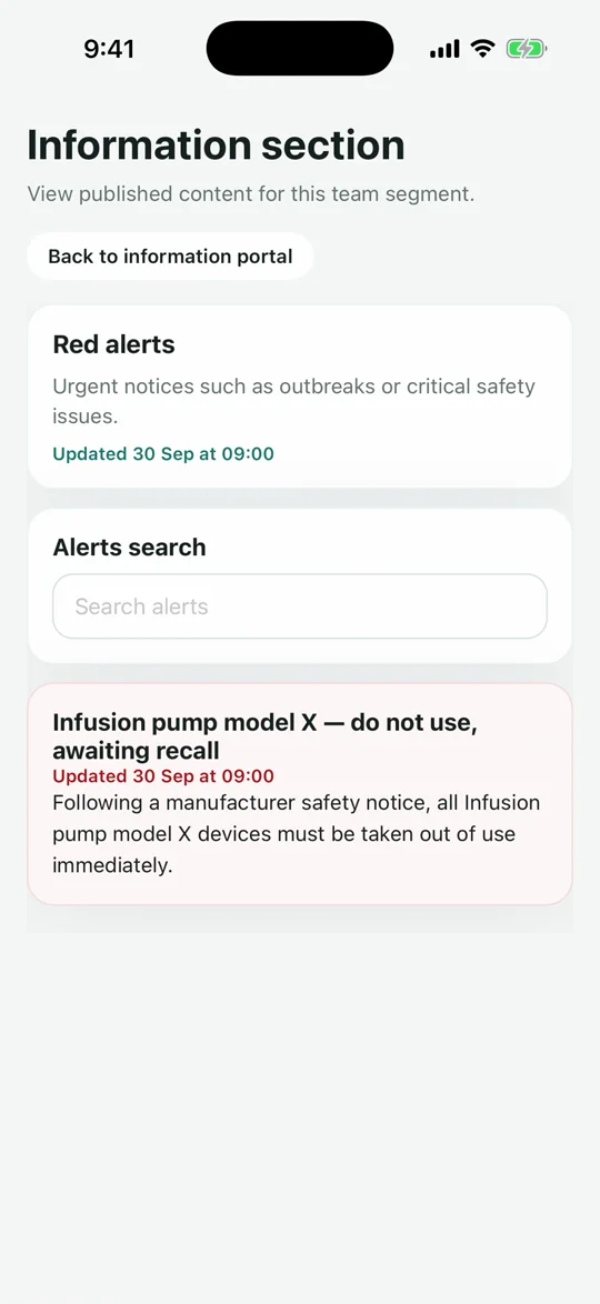 Centru mobile app showing a published red alert about an infusion pump recall