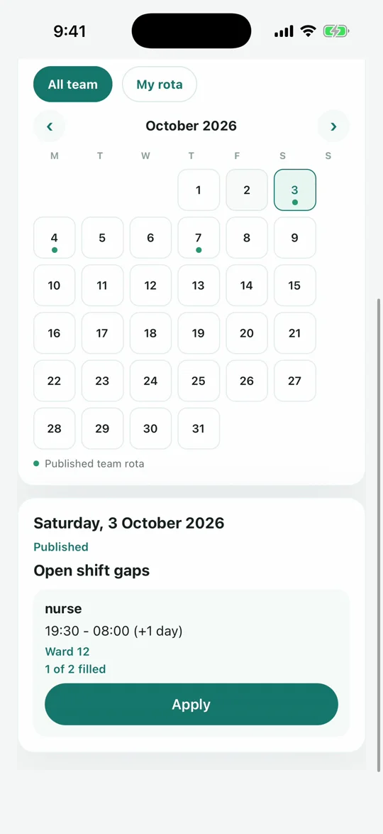 Centru mobile app rota calendar with an open nurse shift gap and an Apply button