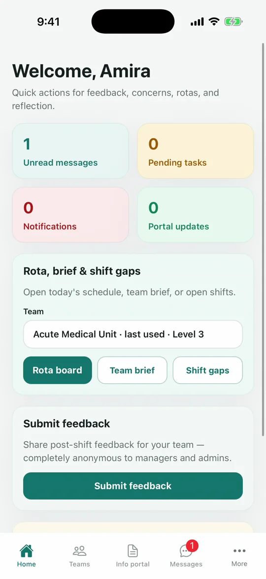 Centru mobile app home screen with quick actions for rota, feedback and concerns